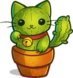 a green cat sitting in a potted plant