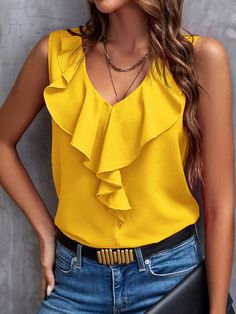 Solid Color V-Neck Ruffle Trimmed Sleeveless Blouse With Embellishment,Sleeveless Tops Yellow Casual  Sleeveless Woven Fabric Plain Top Non-Stretch  Women Clothing, size features are:Bust: ,Length: ,Sleeve Length: Bow Shorts, Yellow Blouse, Plain Tops, Elegant Dresses Long, Embroidered Shorts, Women Blouses, Neck Ruffle, Summer Wear, Pajamas Women