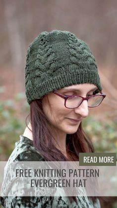 a woman wearing a knitted hat with text overlay reading free knitting pattern evergreen hat