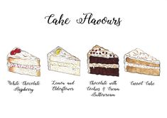 an illustrated guide to cake flavors for every type of dessert, including cakes and pies