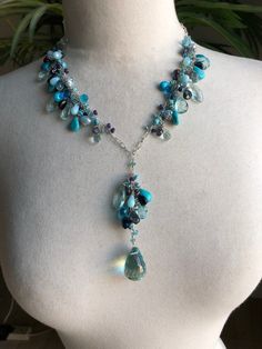 "18.5\" adjustable Y necklace featuring clusters of turquoise, blue topaz, iolite, pearls, apatite, blue quartz & sapphires in mixed sizes, shapes and shades on silver chain. The wire and clasp are silver as well. The large drop at the bottom is a blue topaz briolette. Wear alone or have fun layering!" Briolette Necklace, Spike Necklace, Y Necklace, Blue Quartz, Stunning Necklace, Pretty Jewellery, Diy Necklace, Turquoise Blue, Wire Jewelry