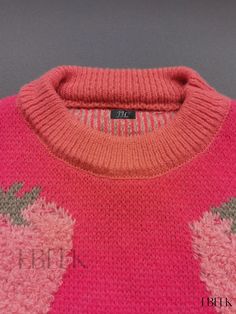 Ebeek - Introducing the Strawberry Jacquard Crew Neck Knitted Pullover - A Y2K Long Sleeve Must-Have for Fall & Winter in Womens Clothing Fashion Trendy Crew Neck Sweater With Fair Isle Pattern, Trendy Crew Neck Fair Isle Sweater, Trendy Fair Isle Pattern Crew Neck Sweater, Pink Fair Isle Pattern Top For Fall, Pink Jacquard Knit Tops, Cozy Jacquard Knit Top, Pink Fair Isle Pattern Sweater For Fall, Casual Pink Tops With Fair Isle Pattern, Casual Pink Fair Isle Pattern Tops