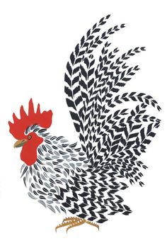 a drawing of a rooster with black and white feathers