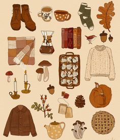 an assortment of autumn items are shown in this illustration