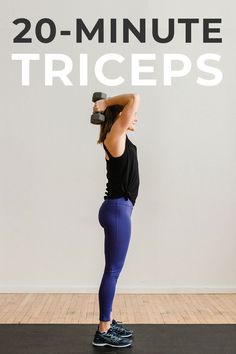 a woman in blue leggings lifting a dumbble with the words 20 - minute triceps above her head