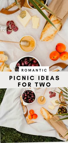 the picnic table is full of different types of food, including bread and cheeses