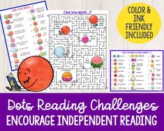 an orange reading challenge with text that reads, dots reading challenges engage independent reading