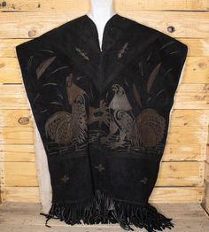 DOUBLE SIDED AUTHENTIC LEATHER BURNED STAMPED WESTERN MEXICAN REBOZO PONCHO -sheep wool inside -35 inches each side -70 total length -COLOR BLACK Western Mexican, Mexican Rebozo, Huarache Sandals, Leather Stamps, Gifts For My Boyfriend, Sheep Wool, Beige Color, Black Suede, Suede Leather