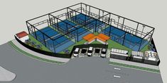 an artist's rendering of a tennis court with cars parked in the parking lot