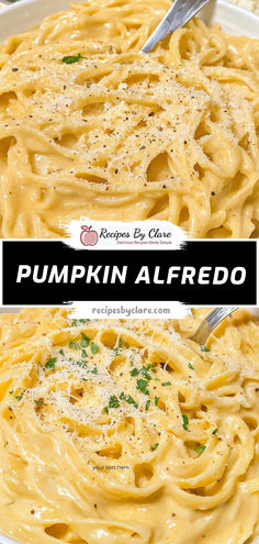 pumpkin alfredo in a white bowl with parmesan cheese