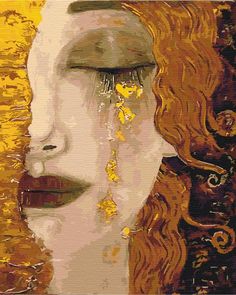 a painting of a woman's face with tears on her eyes and gold hair