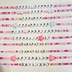 Don't be the only person without friendship bracelets at the Eras Tour! Whether you're buying them to keep or trade, these bracelets were made by hand by a fellow Swiftie. These bracelets are made with stretchy elastic, so no need to worry about annoying clasps. This Lover set is inspired by the colorful, fun, and romantic album. Each bead was meticulously picked out to create the most authentic Lover set.  1 set contains 10 bracelets!  Bracelets have a circumference of 6.5 inches. Please messag Trendy Custom Text Beaded Bracelets For Friendship, Pink Letter Beads Friendship Bracelets For Party Favors, Trendy Custom Text Bracelets For Friendship, Custom Text Adjustable Friendship Bracelets, Personalized Pink Friendship Bracelets For Party Favors, Adjustable Custom Text Friendship Bracelets, Pink Adjustable Friendship Bracelets For Party Favors, Cute Customized Pink Friendship Bracelets, Trendy Pink Friendship Bracelet For Best Friend