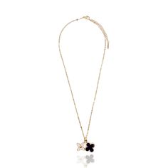 White Double Pendant CZ Clover Necklace in 14k Gold Elegant Black Charm Necklace With Chain, Elegant Black Charm Necklaces, Elegant Black Charm Necklace For Party, Glamorous Black Necklace For Gifting, Glamorous Black Necklace For Gift, Elegant Black Flower Pendant Necklace, Black Rhinestone Necklace Chain As Gift, Black Rhinestone Chain Necklace For Gift, Elegant Black Flower Necklace For Party