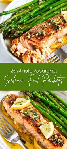 salmon and asparagus on a plate with lemons