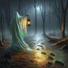 a painting of a ghost holding a lantern in the woods at night with light coming from it