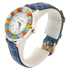 A unique timepiece for every season and mood, this Murano Glass watch will remind you of Venice every minute of every day. With beautiful colors splattered around the dial on the handcrafted Millefiori bezel, this wonderful watch showcases the time-honored Murano glass-making tradition and classic Italian style that never goes out of fashion. Measurements: The face of this Murano glass watch measures 7/8 inch in diameter. The entire case measures 1-3/8 inches in diameter. The watch features silv Multicolor Analog Watches As Gift, Multicolor Analog Watches For Gift, Gift Multicolor Analog Watches, Multicolor Round Watches For Gift, Multicolor Round Watches As Gifts, Multicolor Watches With Bracelet Strap As Gift, Multicolor Bracelet Strap Watch As Gift, Classic Italian Style, Black Numbers