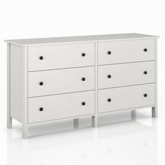 a white dresser with six drawers and two doors on each side, in front of a white background