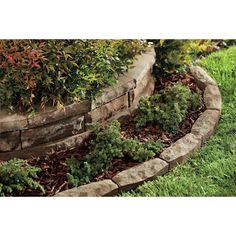 a stone retaining wall with plants growing in it and grass around the edges on either side