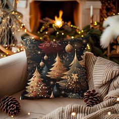 a christmas tree pillow sitting on top of a couch in front of a fire place