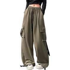 PRICES MAY VARY. Womens cargo pants are made of full cotton. The fabric is soft, breathable and skin-friendly, suit for spring, summer and fall. Y2k pants with 4 Pockets for great convenience. 2 thigh flap pockets with straps are not only practical but also stylish, 2 deep side pockets to hold your phones, wallet and keys, free your hands. Baggy cargo pants for women well-designed elastic waistband with drawstring easy to fit your body well, allows full range of motion for all day comfort. Baggy Military Pants Women, Cargo Trousers Women, Cargo Pants Women Baggy, Womens Cargo Trousers, Green Cargos, Girls Cargo Pants, Mens Cargo Trousers, Trousers Women Wide Leg, Baggy Cargo Pants