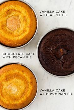 three cakes in pans with instructions for how to bake them