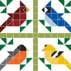 four different colored birds sitting on top of each other's squares in the same pattern