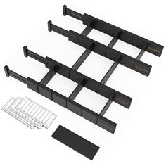 a set of four black metal shelf brackets with labels on each side and two different sized tags attached to them