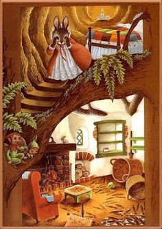 a painting of a rabbit sitting on top of a tree in a room with furniture