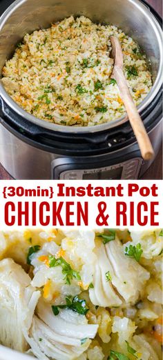 instant pot chicken and rice in the crockpot with text overlay that says instant pot chicken and rice