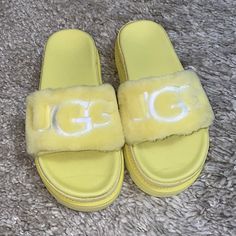 New Ugg Slippers/Slides, Very Comfortable And Casual. Casual Yellow Slippers For Spring, Trendy Yellow Round Toe Slides, Trendy Yellow Slides For Spring, Ugg Platform Slippers, Yellow Slippers, Ugg Coquette, Ugg Dakota, Ugg Scuffette, Ugg Slides