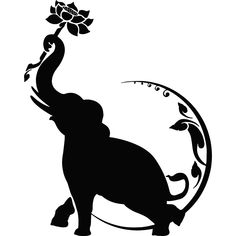 an elephant with a flower in its trunk is silhouetted against the background of a circular frame