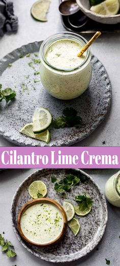 cilantro lime cream in a small bowl on a plate