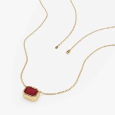 Luisa The sweetest ruby to graze your neck in a modern octagon cut. This dainty necklace will be a staple in your jewelry box, or maybe never make it there because you will never want to take it off! It stacks beautifully with other dainty necklaces and adds a stunning pop of rich color. It makes a beautiful gift for a loved one as well! - Handmade- Solid Gold- Natural Ruby- Total Ruby Carat Weight: 1.16 ctw- Dimensions of Setting: 6 mm x 8 mm All pieces come beautifully boxed in suede pouches y Formal Octagon Ruby Jewelry, Fine Jewelry Ruby With Radiant Cut, Red Rectangular Gemstone Jewelry, Luxury Ruby Jewelry Radiant Cut, Modern Red Ruby Jewelry, Red Gemstone Jewelry With Rectangular Stone, Luxury Radiant Cut Ruby Jewelry, Elegant Red Necklace With Square Pendant, Elegant Red Square Pendant Necklace