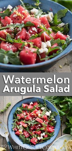 watermelon arugula salad with feta cheese and spinach on the side