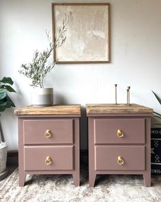 two pink nightstands with gold handles in front of a painting and potted plant