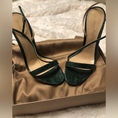 Brand New In Original Box With Dust Bags. Never Worn. These Were Limited Edition! I Bought In A Boutique In Nj A Few Years Ago. Gorgeous Emerald Green Python Skin. 100mm Heel Height. Elegant Green Heels With 4-inch Heel, Luxury Green High Heels, Luxury Green Open Heel Heels, Luxury Green Heels For Evening, Luxury Open Toe Heels For Date Night, Chic Green Heels For Cocktail, Luxury Green Heels For Cocktail, Chic Green Heels For Events, Glamorous Green Heels For Evening