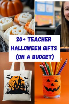 two pictures with pumpkins and other items on them, one has a bag that says 20 teacher halloween gifts on a budget