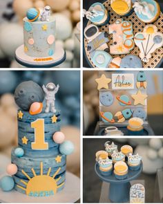 a collage of photos with baby items and decorations on them, including cake, cupcakes, and cookies