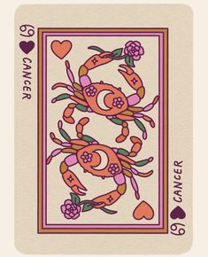 a playing card with an image of a crab on the front and two hearts on the back