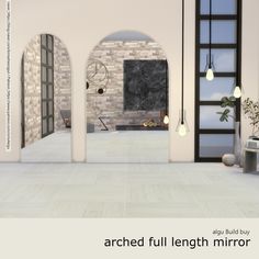 an arched full length mirror in the middle of a room with white walls and flooring