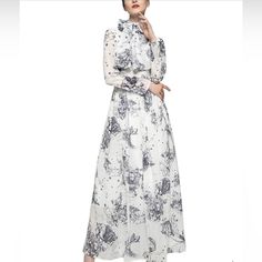 Burryco Silk Blend Maxi Dress In Grey Print / New With Tags A Little Bit Of Everything In The Print! Astronomy, Celestial, Nature, Flowers, Roman Gods, Hummingbirds, Butterflies, Geese, Goats, And Geckos To List Some. Lightweight Dress, Matching Scarf To Tie Around Neck In A Bow, Dress Is Lined (The Sleeves Are Not), Back Zipper Approximately 55.5 Inches From Shoulder To Hem / P2p Approx. 18.5 Inches 70% Silk / 30% Polyester Hand Wash / Imported White A-line Maxi Dress For Cocktail, White Long Sleeve Formal Maxi Dress, White Long Sleeve Maxi Dress For Formal Occasions, Elegant White Long Sleeve Maxi Dress, Feminine White Evening Maxi Dress, White Feminine Evening Maxi Dress, White Feminine Maxi Dress For Evening, White Floral Print Long Sleeve Maxi Dress, Elegant White Maxi Dress With Floral Print