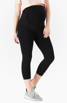 Bump Support™ Maternity Capri Leggings Black Fitted Maternity Bottoms, Black Bump Friendly Leggings For Pilates, Bump Friendly Black Leggings For Pilates, Supportive Yoga Bottoms, Supportive Black Stretch Bottoms, Supportive Stretch Black Bottoms, Black High Stretch Mid-thigh Length Leggings, Black Stretch Comfortable Bottoms, Supportive Black Athleisure Bottoms