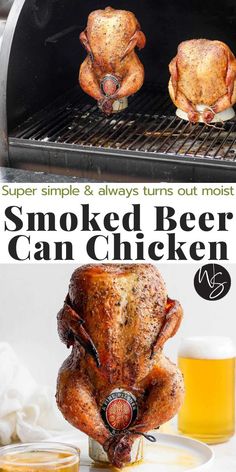 an advertisement for smoked beer and chicken on the grill