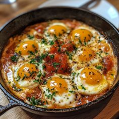 some eggs are in a skillet with tomatoes and parsley on the side,