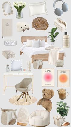 a collage of white and beige items including a teddy bear, bed, chair, table