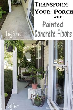 before and after photos of a porch with painted concrete floors