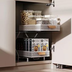 the shelves are filled with cereals and other items in clear plastic containers on metal shelving