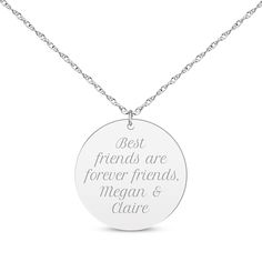 Create an extra special gift with this round disc necklace. Your sentiment is conveyed in an elegant script font on the 14K white gold pendant. The pendant suspends along an adjustable 16-inch rope chain with a 2-inch extender that secures with a spring ring clasp. Elegant Script Fonts, White Gold Pendant, Disc Necklace, Engraved Necklace, Accessories Jewelry Necklace, Script Font, Rope Chain, Spring Rings, Special Gift