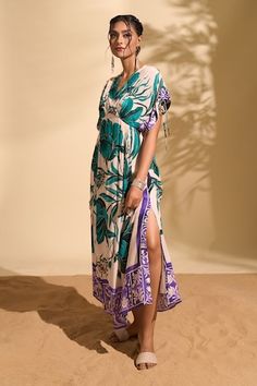 Ecru green florette print dress with bead embroidery. - Aza Fashions Green Printed Beachwear Dress, Green Long Beachwear Dress, Beachwear Silk Dress With Floral Print, Green Silk Bohemian Midi Dress, Green Silk Beachwear Dress, Green Silk Dress For The Beach, Jayanti Reddy, Draped Sleeves, Rohit Bal