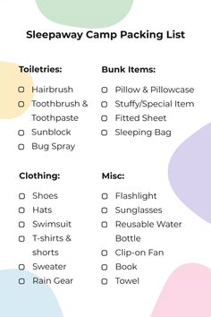 the sleepaway camp packing list is shown on a white background with multicolored circles